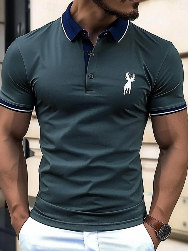  Men's Polo Business Polo Business Casual Lapel Classic Short Sleeve Color Block Patchwork Embroidered Summer Spring &  Fall Deep Green Polo