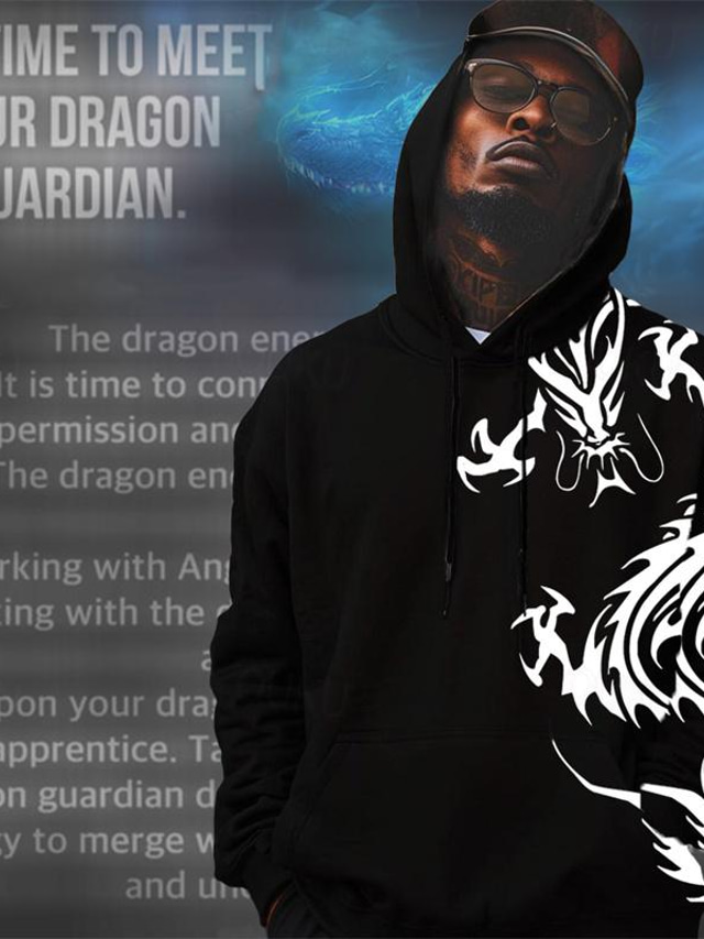  dragevokter x lu | menns dragon loong mytisk skapning streetwear-hettegenser i mørk stil