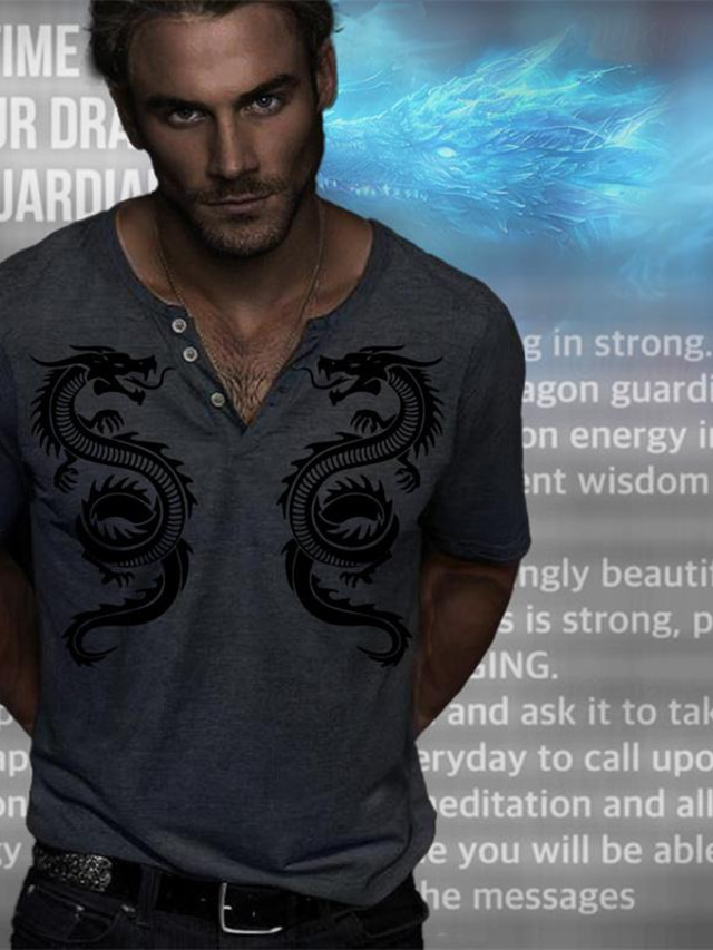  Dragon Guardian x LU | Men's Dragon Loong Mythical Creature Dark Style Henley T Shirt Short Sleeves