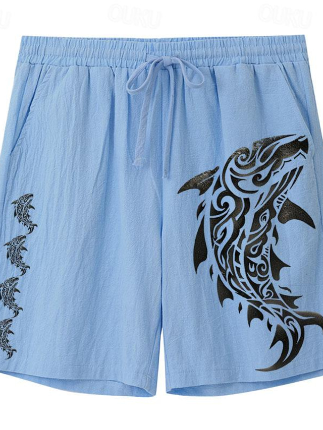  Carefree Interlude X Joshua Jo Men's Fish Printed Vacation Beach Linen Shorts