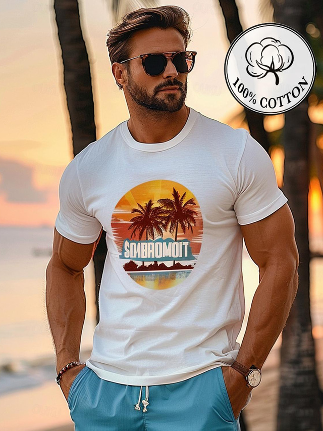  Herren-T-Shirt mit Grafik und Kokosnussbaum, modisches Outdoor-Freizeit-T-Shirt, Oberteil, Street-Casual-T-Shirt für den Alltag, weißes Kurzarm-Shirt mit Rundhalsausschnitt, Frühlings- und Sommerkleidung