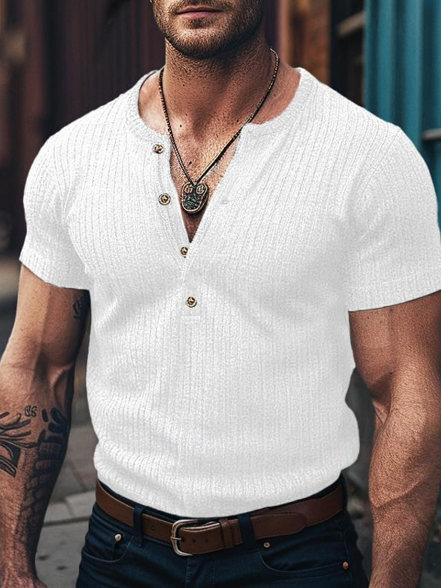  Voor heren Henley-shirt Geribbeld gebreid T-shirt T-shirt Effen Pitstrook Henley Straat Vakantie Korte Mouw Kleding Modieus Ontwerper Basic