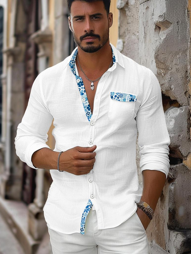  Men's Linen Shirt Shirt Button Up Shirt Summer Shirt White Navy Blue Blue Long Sleeve Floral Lapel Spring & Summer Casual Daily Clothing Apparel Patchwork