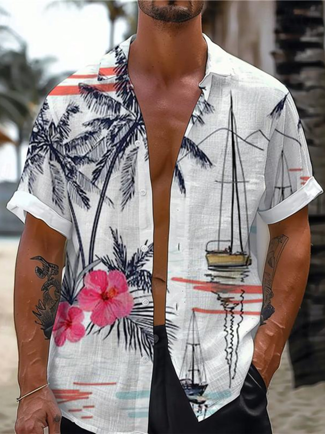  Palme træ Ferie Hawaiiansk Resort stil Herre Skjorte udendørs Ferierejse Strand Sommer Aftæpning Kortærmet Sort Hvid S M L Skjorte