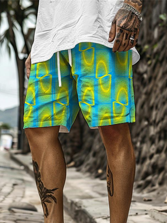  Colorful Holiday X Designer Kris Men's Geometry Printed Board Shorts Drawstring with Mesh lining Hawaiian Shorts