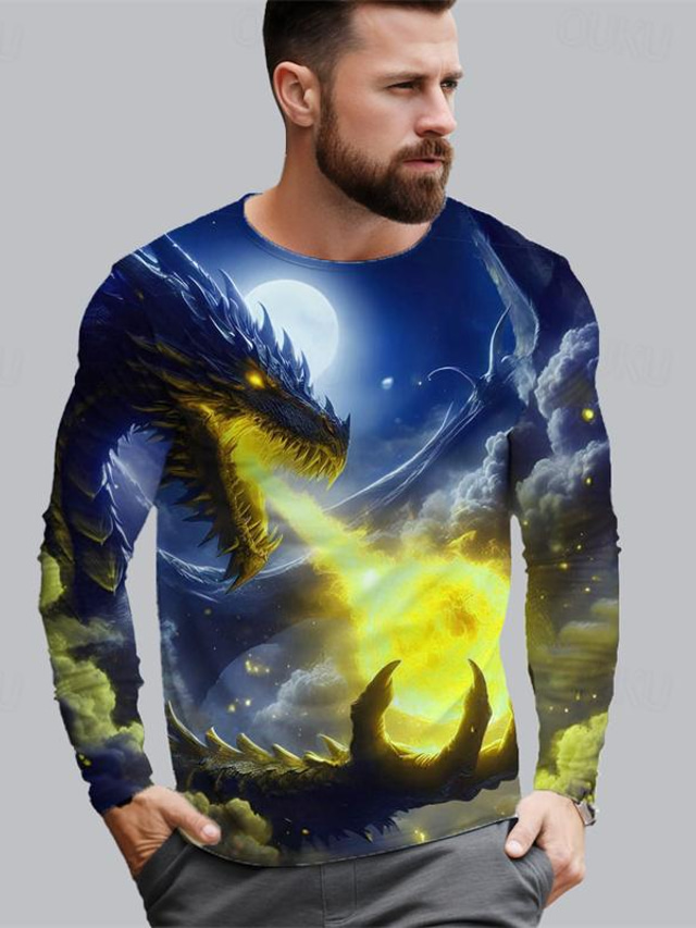  gardien du dragon x lu | T-shirt streetwear à manches longues pour hommes, dragon 3d, créature mythique, style sombre