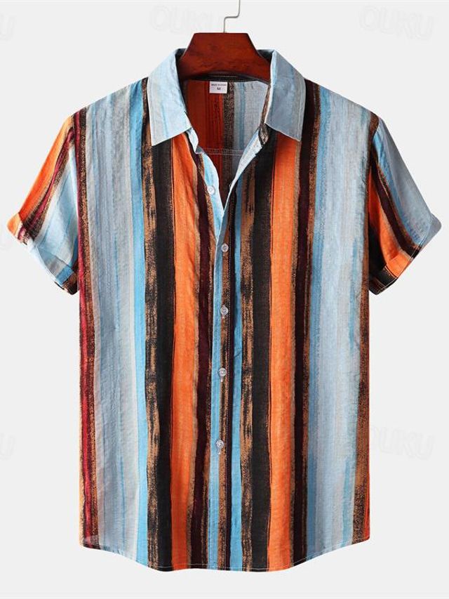  Men's Linen Shirt Shirt Button Up Shirt Summer Shirt Beach Shirt Yellow Orange Khaki Short Sleeve Stripes Lapel Summer Street Hawaiian Clothing Apparel