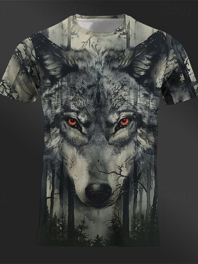  Gráfico Animal Lobo Designer Retro Vintage Casual Homens Impressão 3D Camiseta T-shirt Esportes Feriado Para Noite Camiseta cáqui Cinzento Escuro Cinzento Manga Curta Gola Redonda Camisa Primavera