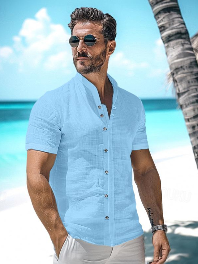  Men's Shirt Linen Shirt Button Up Shirt Summer Shirt Beach Shirt Black White Blue Short Sleeve Plain Stand Collar Summer Casual Daily Clothing Apparel