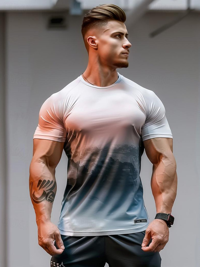  Men's T shirt Tee Gym Shirt Sports T-Shirt Crew Neck Short Sleeve Sports & Outdoor Vacation Casual Daily Gym Quick dry Breathable Color Block Blue Activewear Fashion Basic