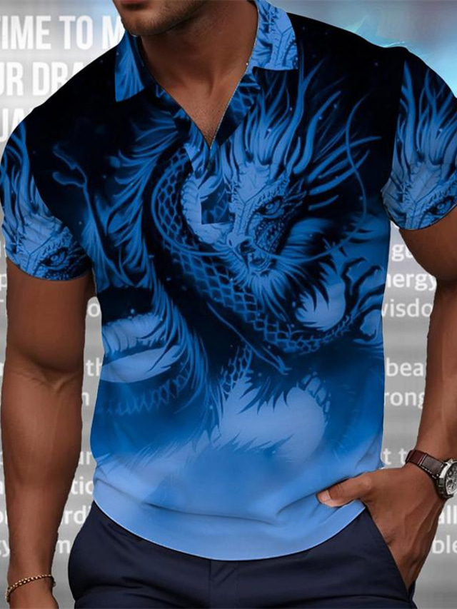  Drachenwächter x lu | Herren-Streetwear-Poloshirt mit kurzen Ärmeln, Dragon Loong, Fabelwesen, dunkler Stil