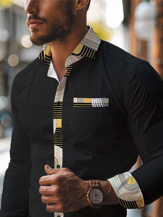  Raya Geométrico Informal de negocios Hombre Camisas estampadas Usar para trabajar Ropa Cotidiana Ropa de calle Primavera verano Cuello Vuelto Manga Larga Negro, Blanco S, M, L Tejido elástico en 4