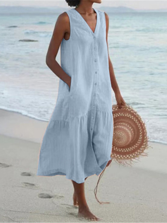  Women's Beach Dress Summer Sleeveless V-Neck Button-Front Frilled Hem Light Blue Relaxed Fit Resort Wear Casual One Size