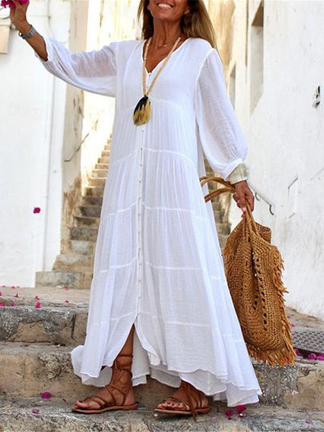  Women's White Dress Shirt Dress Cotton Linen Dress Maxi long Dress Ruffle Button Basic Daily V Neck 3/4 Length Sleeve Summer Spring White Yellow Plain