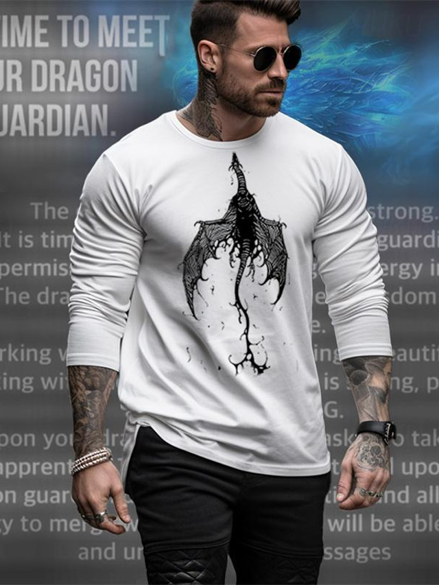  gardien du dragon x lu | T-shirt manches longues en coton pour homme, streetwear, créature mythique, dragon doré, style foncé