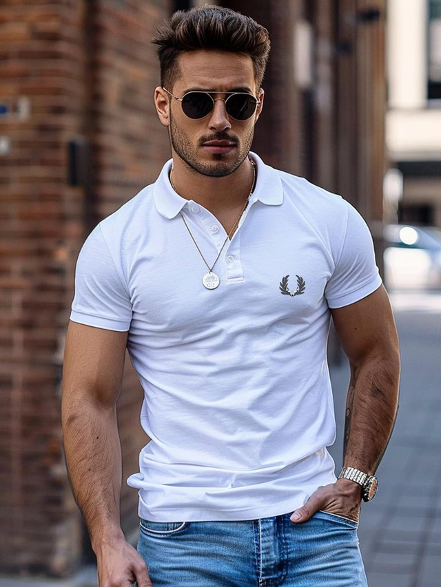  Men's Casual Golf Polo Leaf Embroidery Shirt Daily Sports Vacation 100% Cotton Short Sleeve Turndown Polo Shirts Black White Spring & Summer Micro-elastic Lapel Polo