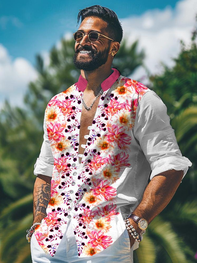  Floral Comfortable Resort Men's Shirt Linen Shirt Casual Shirt Daily Vacation Going out Summer Spring &  Fall Long Sleeve Violet, Red S, M, L Slub Fabric Shirt