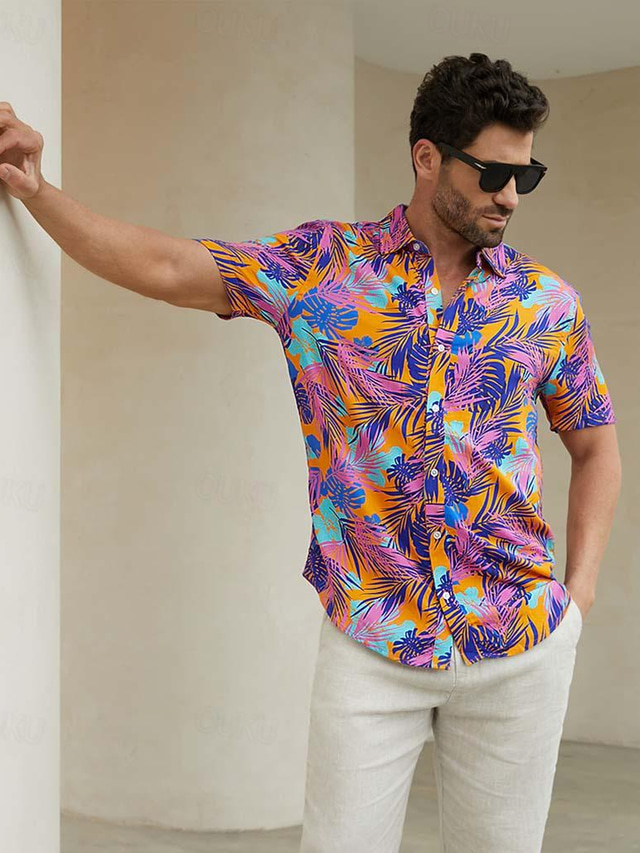  Men's Rayon Shirt Casual Shirt Leaf Tropical Hawaiian Fashion Casual Shirt Button Up Shirt  Daily Hawaiian Vacation Summer Lapel Short Sleeve Purple