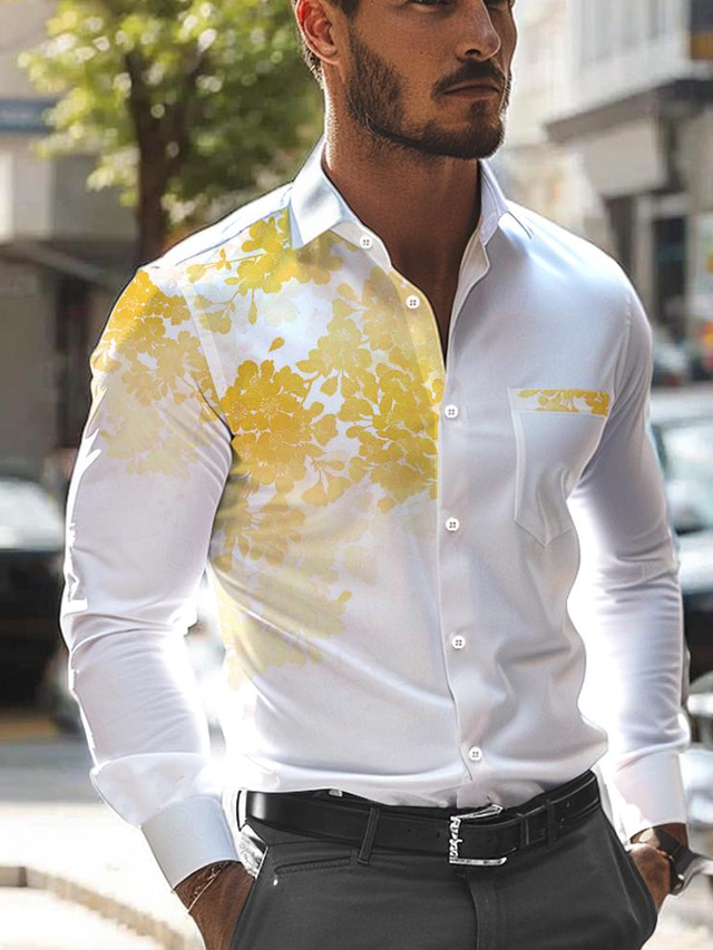  Men's Floral Printed Shirts Long Sleeve Business Casual Wear to work Daily Wear Streetwear Spring & Summer Turndown Pocket Print Button-Down Yellow Blue