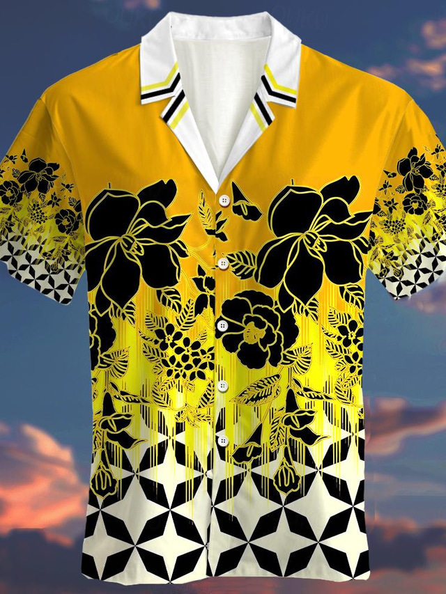  ظل ورد هندسي موضة ستايل هاواي مصمم رجالي قميص هاواي قميص المخيم قميص جرافيك الأماكن المفتوحة شارع فضفاض الصيف طوي كم قصير أصفر أزرق برتقالي S M L قميص