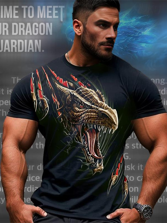  Dragon Guardian x LU | Men's 3D Dragon Mythical Creature Dark Style Streetwear T Shirt Short Sleeves