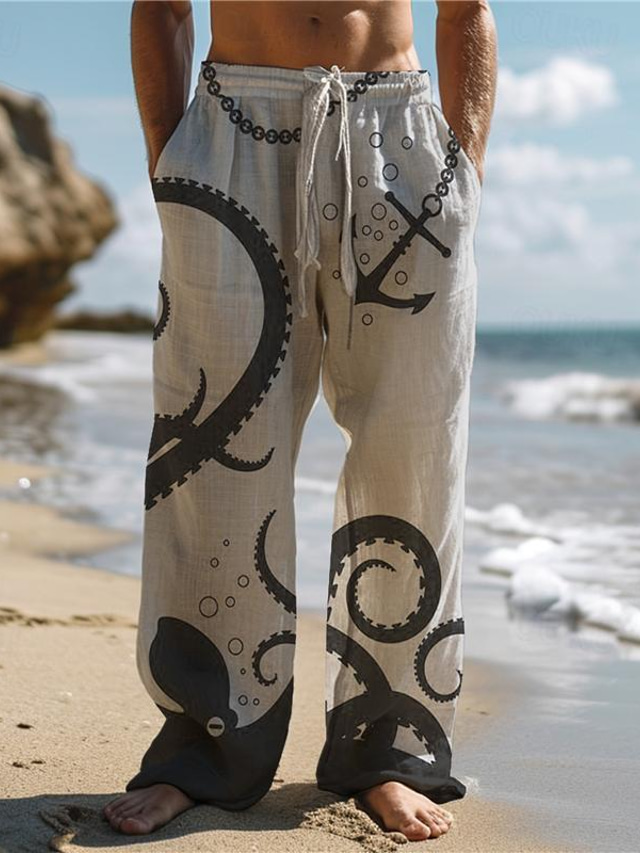  Herre Hawaiiansk Blæksprutte Bukser 3D-udskrivning Bukser med lige ben Medium Talje Elastik i taljen med snøre udendørs Gade Ferie Sommer Forår Efterår Afslappet Pasform Mikroelastisk