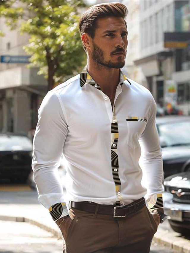  Stripe Geometic Men's Business Casual 3D Printed Shirt Wear to work Daily Wear Streetwear Spring & Summer Turndown Long Sleeve Black White S M L 4-Way Stretch Fabric Shirt