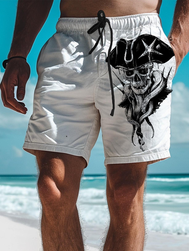  potisk lebky pánské bavlněné šortky havajské šortky plážové šortky stahovací šňůrka elastický pas pohodlí prodyšné krátké outdoorové oblečení na dovolenou