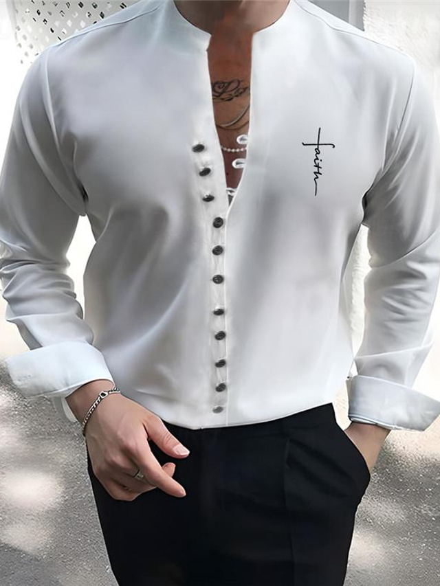  Homens Tecido de algodão lavável Camisa Gráfica Fé Imprimir Botão para baixo Manga Longa Colarinho Clerical Branco, Rosa Camisa Vestir para trabalhar Roupa Diária Para Noite