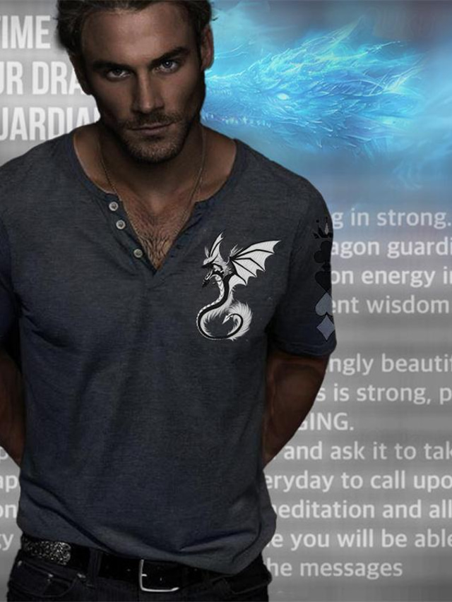  dragón guardián x lu | Camisa de manga corta estilo oscuro criatura mítica dragón para hombre