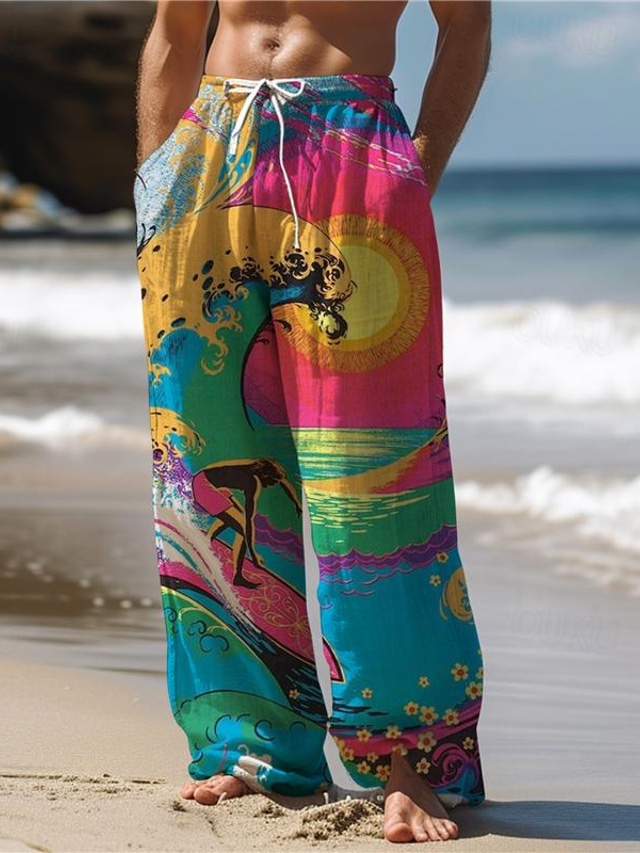  Men's Hawaiian Surfing Pants 3D Print Straight Leg Trousers Mid Waist Drawstring Elastic Waist Outdoor Street Holiday Summer Spring Fall Relaxed Fit Micro-elastic