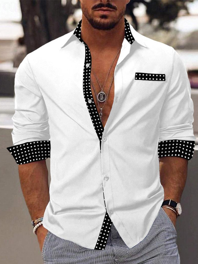  Herre Skjorte Button Up skjorte Casual skjorte Sommer skjorte Sort Hvid Blå Kakifarvet Langærmet Farveblok Punkt Knaphul Daglig Ferierejse Frontlomme Tøj Mode Afslappet Bekvem