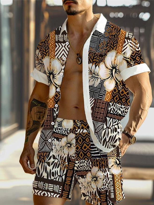  Blomstret Etnisk Ferie Hawaiiansk Herre Skjorte sæt udendørs Hawaiiansk Ferie Sommer Alle årstider Aftæpning Kortærmet Gul Brun S M L Skjorte