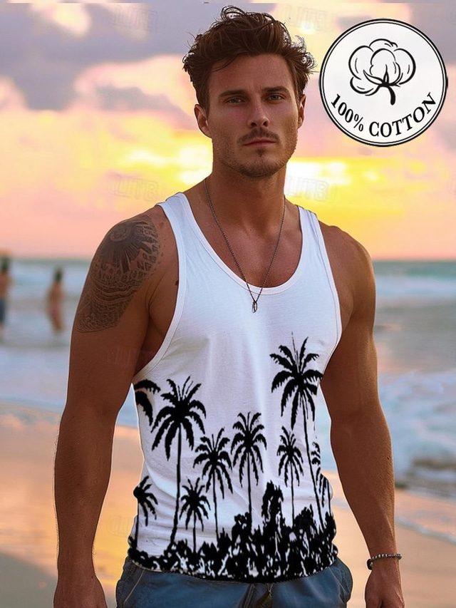  grafisk tanktop herre afslappet vest top coconut tree mode hawaiiansk undertrøje street daily beach t-shirt hvid blå kortærmet skjorte med rund hals forår og sommer tøj tøj