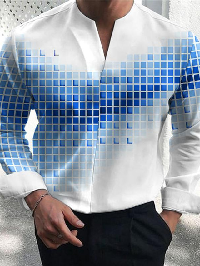  Tartan Mode Décontractée Homme Chemises imprimées Extérieur Usage quotidien Vacances Printemps été Col V manche longue Bleu, Vert S, M, L Tissu extensible dans les 4 sens Chemise