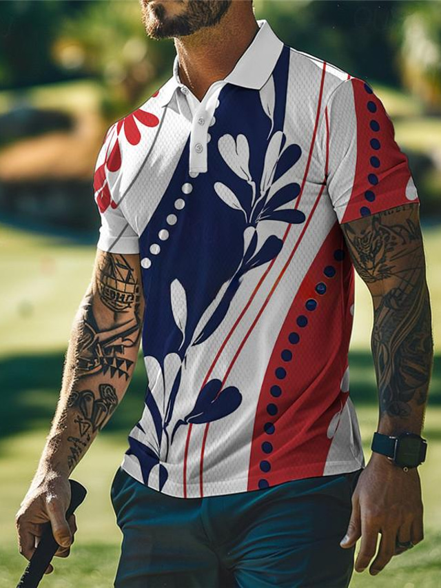  Floral Men's Sportswear 3D Print Polo Shirt Golf Polo Sports & Outdoor Vacation Streetwear Polyester Short Sleeve Turndown Polo Shirts Navy Blue Summer S M L Micro-elastic Lapel Polo