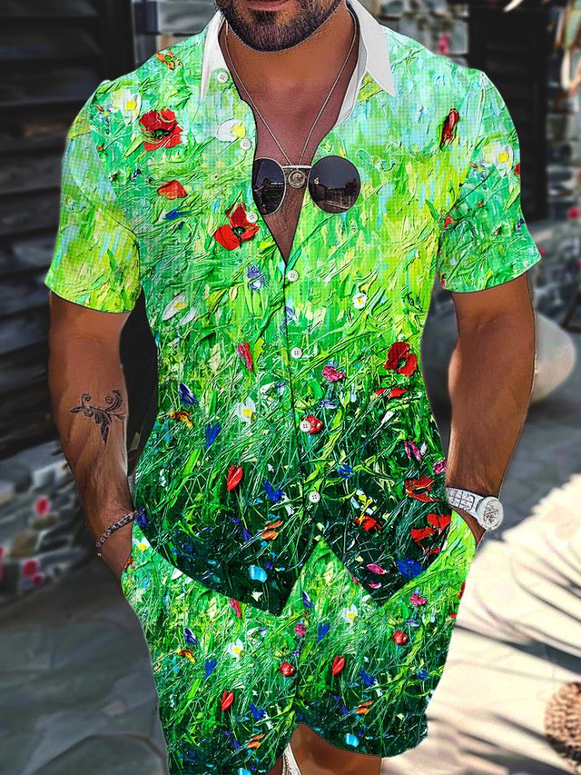  Floral Hawaiano Cómodo Hombre Conjunto de camisa camisa hawaiana Calle Casual Hawaiano Verano Primavera Primavera verano Cuello Vuelto Manga Corta Verde Trébol S, M, L Tela de gofres Camisa