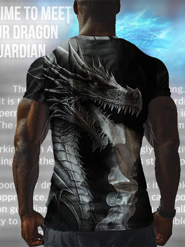  Dragon Guardian x LU | Men's Dragon Mythical Creature Dark Style Streetwear Henley T Shirt Short Sleeves