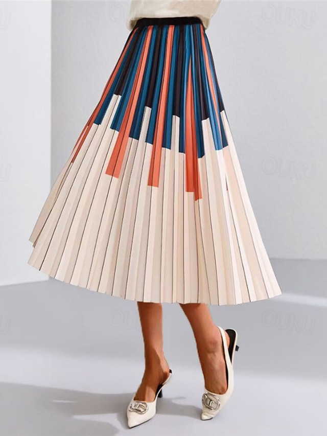  Women's Skirt A Line Midi High Waist Skirts Ruched Pleated Print Color Block Abstract Date Spring, Fall, Winter, Summer Elegant Fashion Black And White Blue and White Navy Apricot