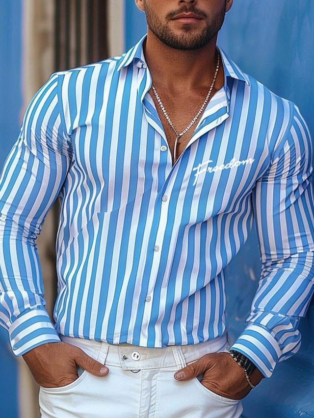  Stripe Men's Business Casual 3D Printed Shirt Outdoor Street Wear to work Spring & Summer Turndown Long Sleeve Royal Blue Blue Green S M L 4-Way Stretch Fabric Shirt
