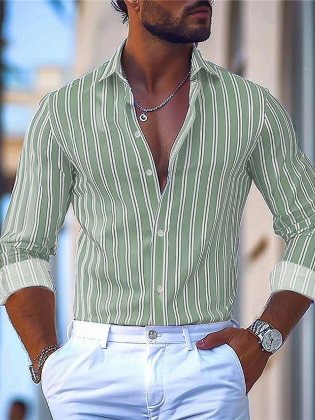  Stripe Men's Business Casual 3D Printed Shirt Outdoor Street Wear to work Spring & Summer Turndown Long Sleeve Navy Blue Royal Blue Blue S M L 4-Way Stretch Fabric Shirt