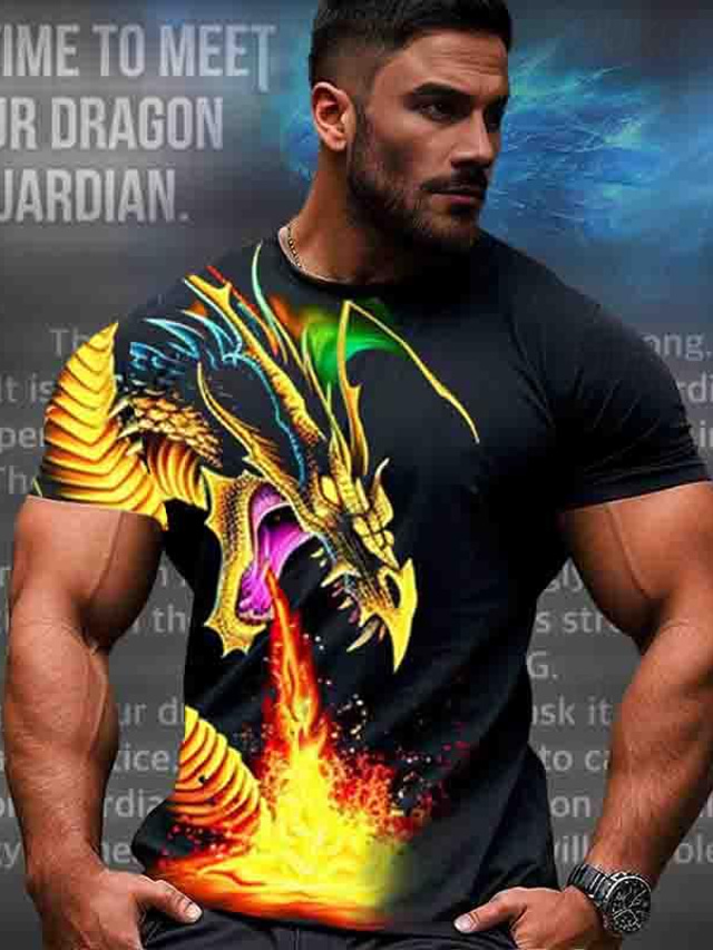  drakväktare x lu | mäns mäns branddrake mytisk varelse streetwear t-shirt i mörk stil med korta ärmar