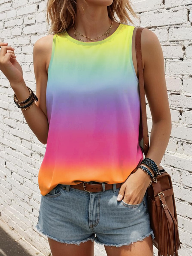  Women's Tank Top Vest Stylish Ombre Print Sleeveless Regular Tops Crew Neck Vacation Casual Pink Sky Blue Khaki Rainbow Summer