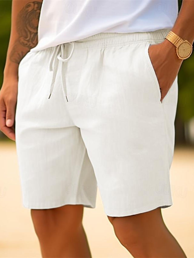  Men's Shorts Linen Shorts Summer Shorts Drawstring Elastic Waist Straight Leg Plain Comfort Breathable Short Casual Daily Holiday Fashion Classic Style White Yellow
