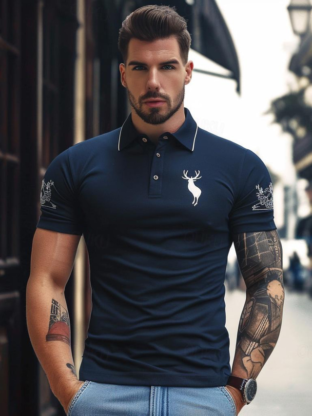  Men's Polo Business Polo Business Casual Lapel Classic Short Sleeve Color Block Patchwork Embroidered Summer Spring &  Fall Navy-blue Polo