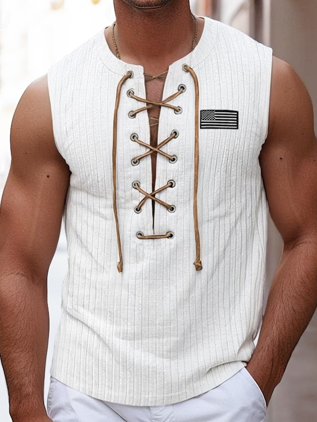  Men's Tank Top Vest Top Undershirt Sleeveless Shirt Ribbed Knit tee Plain American Flag Pit Strip V Neck Outdoor Going out Sleeveless Lace up Clothing Apparel Fashion Designer Muscle