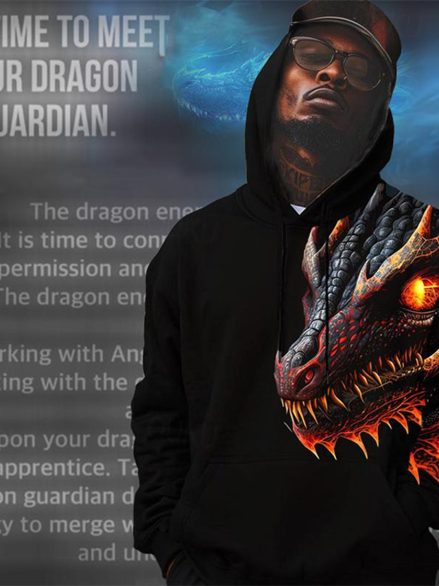  dragón guardián x lu | Sudadera con capucha de manga larga para hombre, ropa de calle, dragón rojo oscuro
