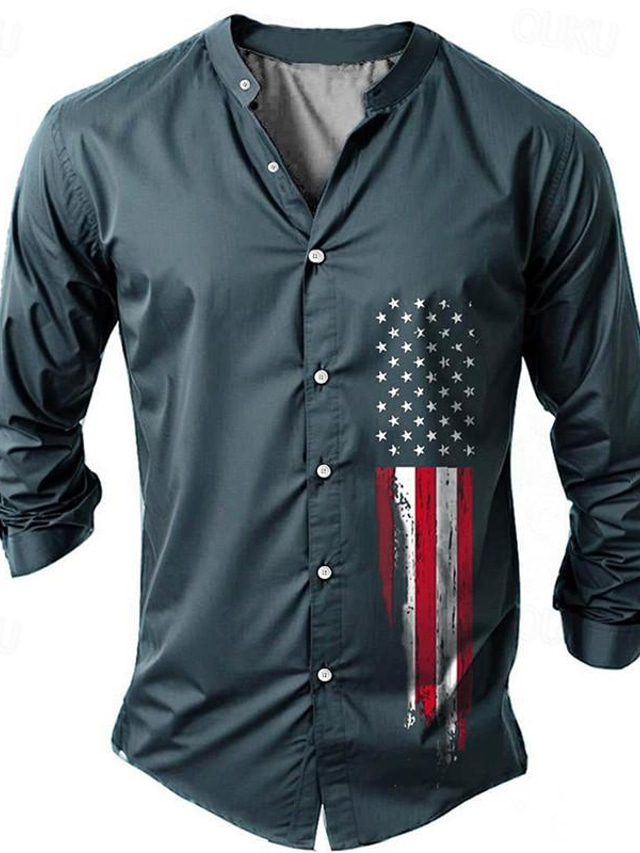  Chemise décontractée imprimée en 3D pour hommes, drapeau national, mode, vêtements d'extérieur, quotidien, vacances, printemps & Chemise d'été à manches longues et col montant, en tissu extensible