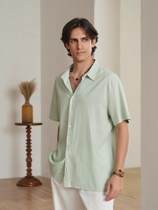  55% Linen Men's Shirt Linen Shirt Green Short Sleeve Solid Color Collar Street Daily Clothing Apparel