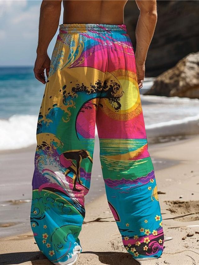  Men's Hawaiian Surfing Pants 3D Print Straight Leg Trousers Mid Waist Drawstring Elastic Waist Outdoor Street Holiday Summer Spring Fall Relaxed Fit Micro-elastic